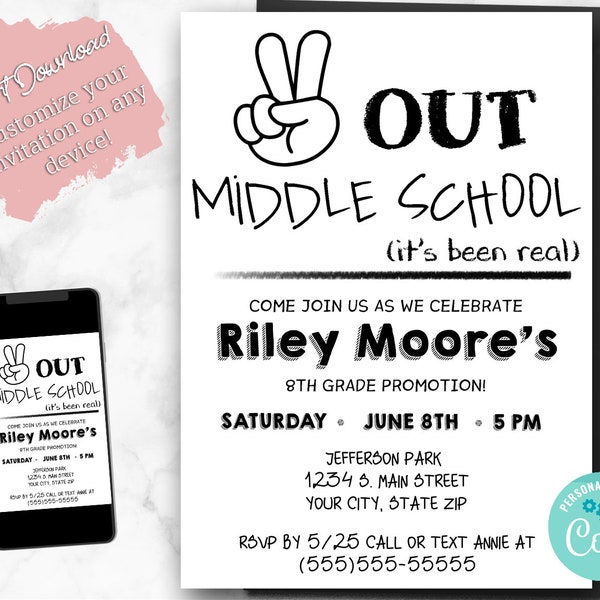 Personalized 8th Grade Promotion Invitation - Peace Out Middle School - Graduation Invitation