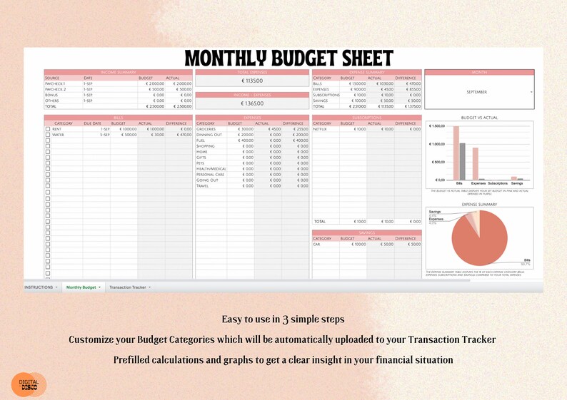 Budget Transaction Sheet.pdf Simple Monthly Budget Spreadsheet, Google Sheets, Monthly Budget ...