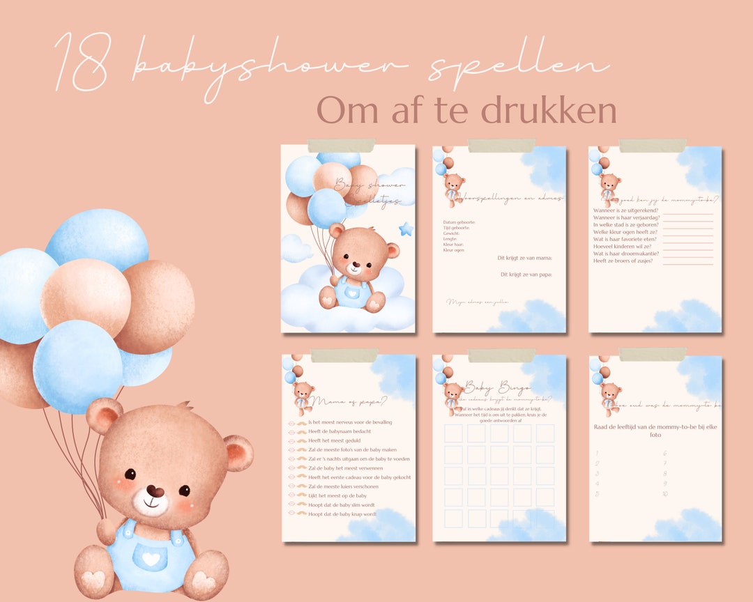 18 Babyshower Spelletjes, Invulkaarten, Babyshower Jongen, Babyshower