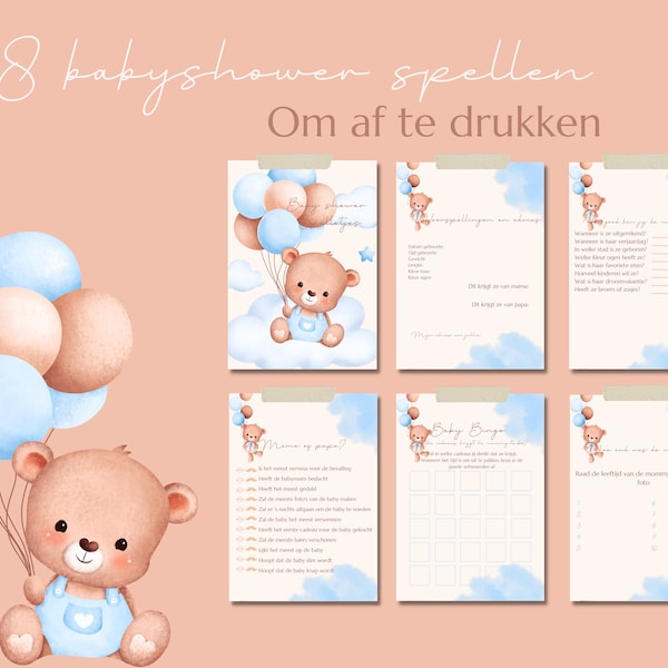 18 babyshower spelletjes, invulkaarten, babyshower jongen, babyshower activiteiten, digitale babyshower games, instant dowload, babyshower