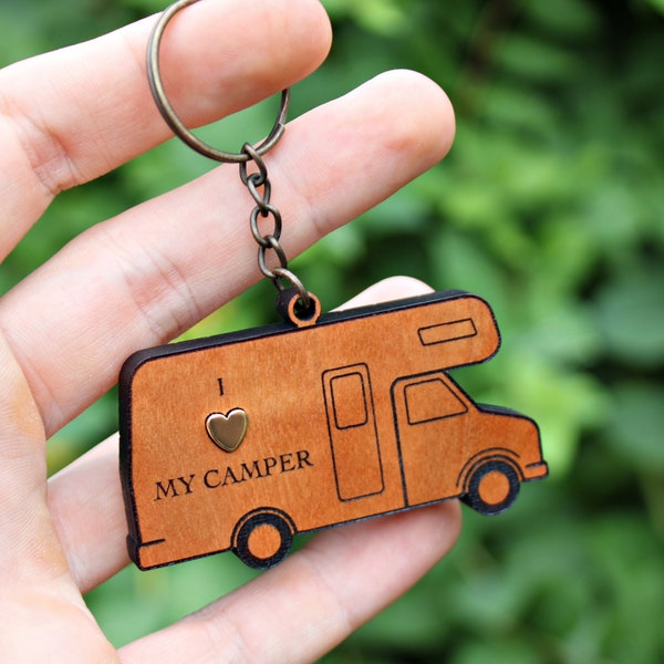 Custom Keychain Camper Christmas Gift for Boyfriend Personalised Keyring Car Key Ring Gift for Camper Van Keyring Holder Wood Keychain Gift