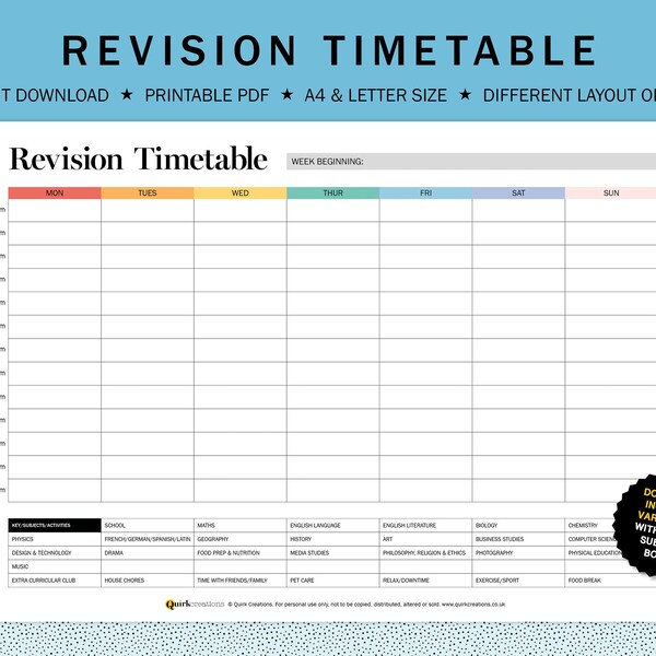 Retrospective revision timetable etsy
