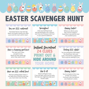 Tarjetas con pistas para la búsqueda del tesoro de huevos de Pascua, pistas para la búsqueda del tesoro de Pascua, juego de fiesta de Pascua para niños, búsqueda del tesoro de Pascua imprimible