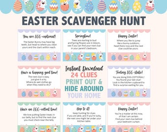 Easter Egg Scavenger Hunt Clue Cards, Easter Egg Hunt Clues, Easter Scavenger Hunt, Kids Easter Party Game, Printable Easter Treasure Hunt