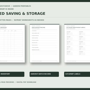 Könnte beinhalten: Ein digitaler PDF-Download mit fünf US-Letter-Seiten zur Saatgutaufbewahrung und -lagerung. Die druckbaren Arbeitsblätter enthalten eine Tabelle für das Saatgutinventar, ein Ernteprotokoll mit linierten Feldern und ausschneidbare Etiketten.