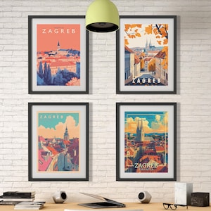 Lot affiches voyage à Zagreb en Croatie dans un style rétro et design, wall art voyage, wall art rétro, poster voyage, europe