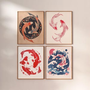 lot of japanese koi carp posters, poster print, japan, tokyo, japanese art print, vintage print, japandi wall art, minimalist