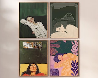 May include: Four framed illustrations of women sleeping in different poses. Each illustration features a different background, including a green forest, a geometric pattern, and a leafy design.