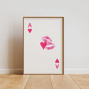 Affiche carte à jouer AS de coeur, baiser, rouge à lèvre, poster preppy, wall art girly, femme fatal, wall art rétro, wall art BCBG
