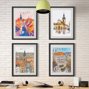 Lot affiches voyage à Zagreb en Croatie dans un style aquarelle, pastel à l'huile et feutre, oil painting, art mural voyage, poster Croatie