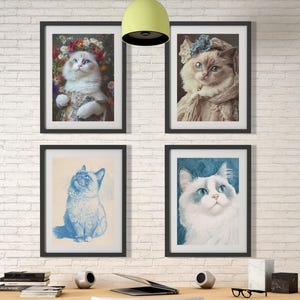 May include: Four framed pictures of cats with different backgrounds. The first picture shows a cat wearing a flower crown and a dress. The second picture shows a cat wearing a lace collar and a hat. The third picture shows a cat looking up. The fourth picture shows a cat looking to the side.