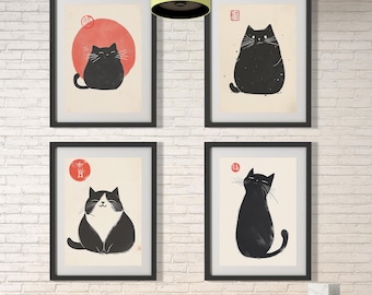 4 Matsumoto Hoji style cat posters, ukiyo-e wall art, Japan wall art, black cat poster, minimalist design, Tokyo wall art, japandi