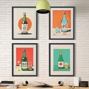 SOJU Retro- und Design-Poster-Set, Alkohol-Wandkunst, Japandi-Poster, Küchenbar-Dekoration, koreanische Wandkunst, Popart-Poster, minimalistisch