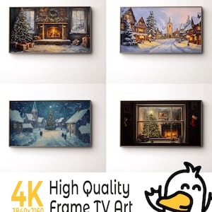 May include: Four framed 4K high-quality TV art prints. The art depicts cozy Christmas scenes: a fireplace with a Christmas tree, a snowy village street, a snowy village with a Christmas tree, and a Christmas scene viewed through a window.