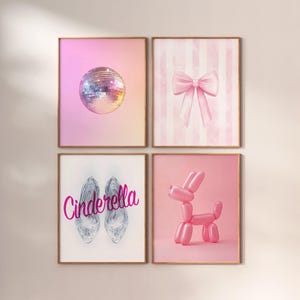 ガーリーなポスター セット、ディスコ ボール、ベビー ピンクのリボン、シンデレラのスティレットヒール、バルーン ドッグ、ディスコ、ピンク、プレッピーなウォール アート、ポスター
