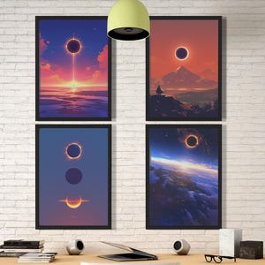 May include: Four framed prints of a solar eclipse in different stages. The top left print shows the eclipse over a body of water with a sunset in the background. The top right print shows the eclipse over a mountain range with a sunset in the background. The bottom left print shows the eclipse in three stages, with the sun, moon, and earth visible. The bottom right print shows the eclipse over a cloudy sky with the sun and earth visible.