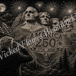 May include: A monochrome illustration of Mount Rushmore with fireworks and a full moon. The image features the text "AMERICA 250 1776-2026" and an American flag. A person is saluting the monument in front of the mountain.