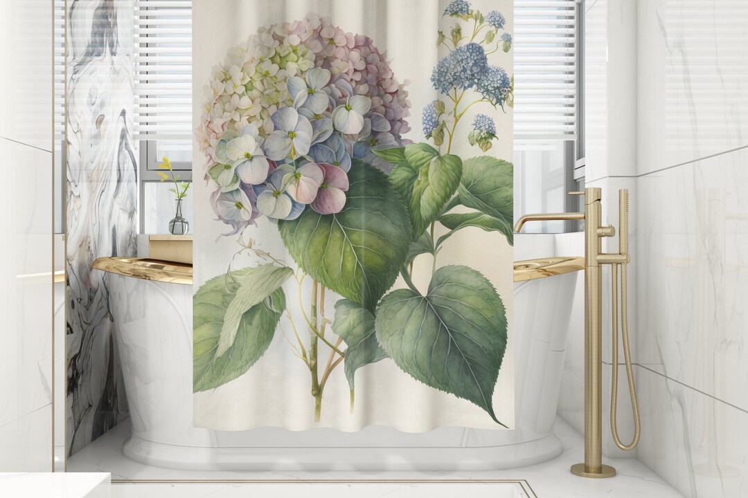 Floral Polyester Shower Curtain With Hydrangeas, Custom Coordinated Bathrooms, Floral Shower