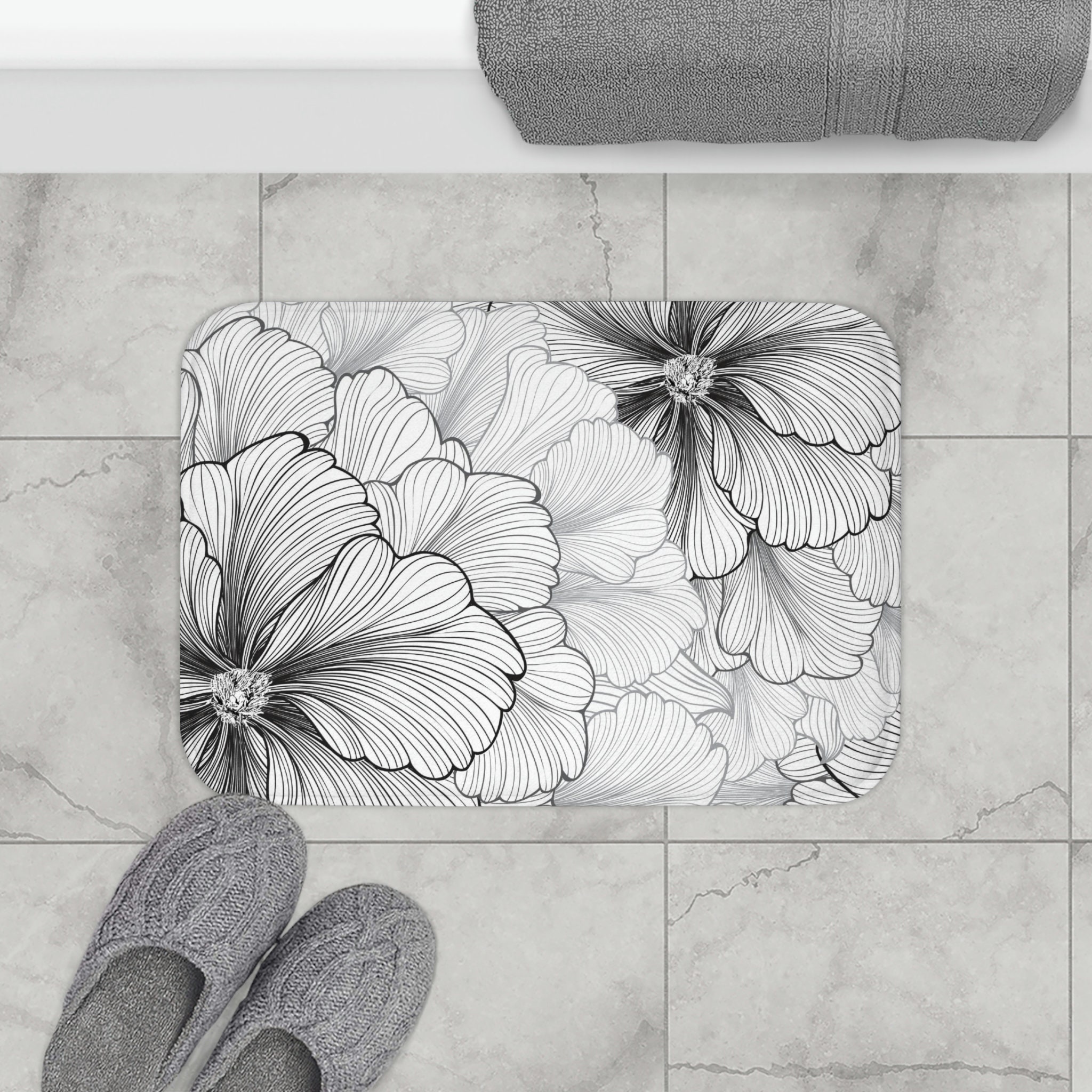 Bold Black and White Floral Bath Mat With Coordinating Shower Curtain