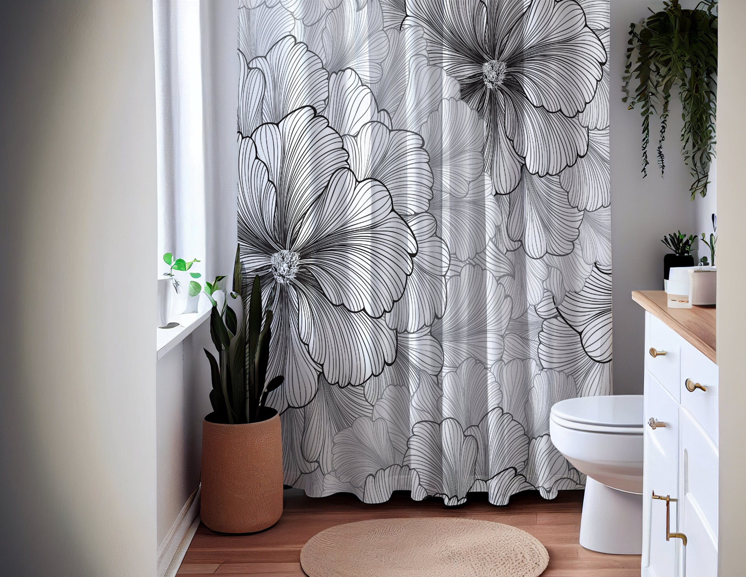 Bold Black and White Floral Bath Mat With Coordinating Shower Curtain