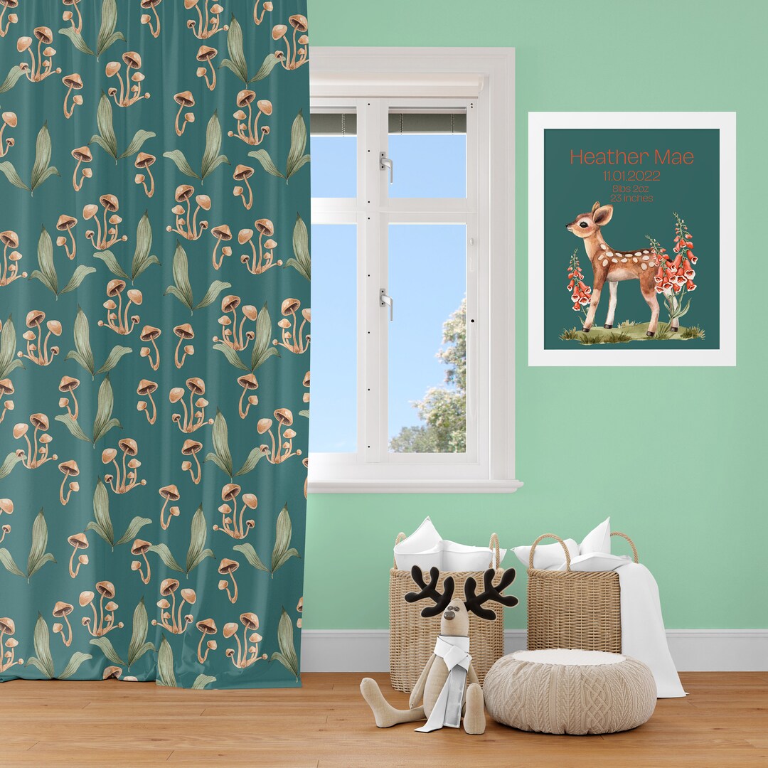Teal Blackout Nursery Curtains With Mushrooms and Leaves Etsy