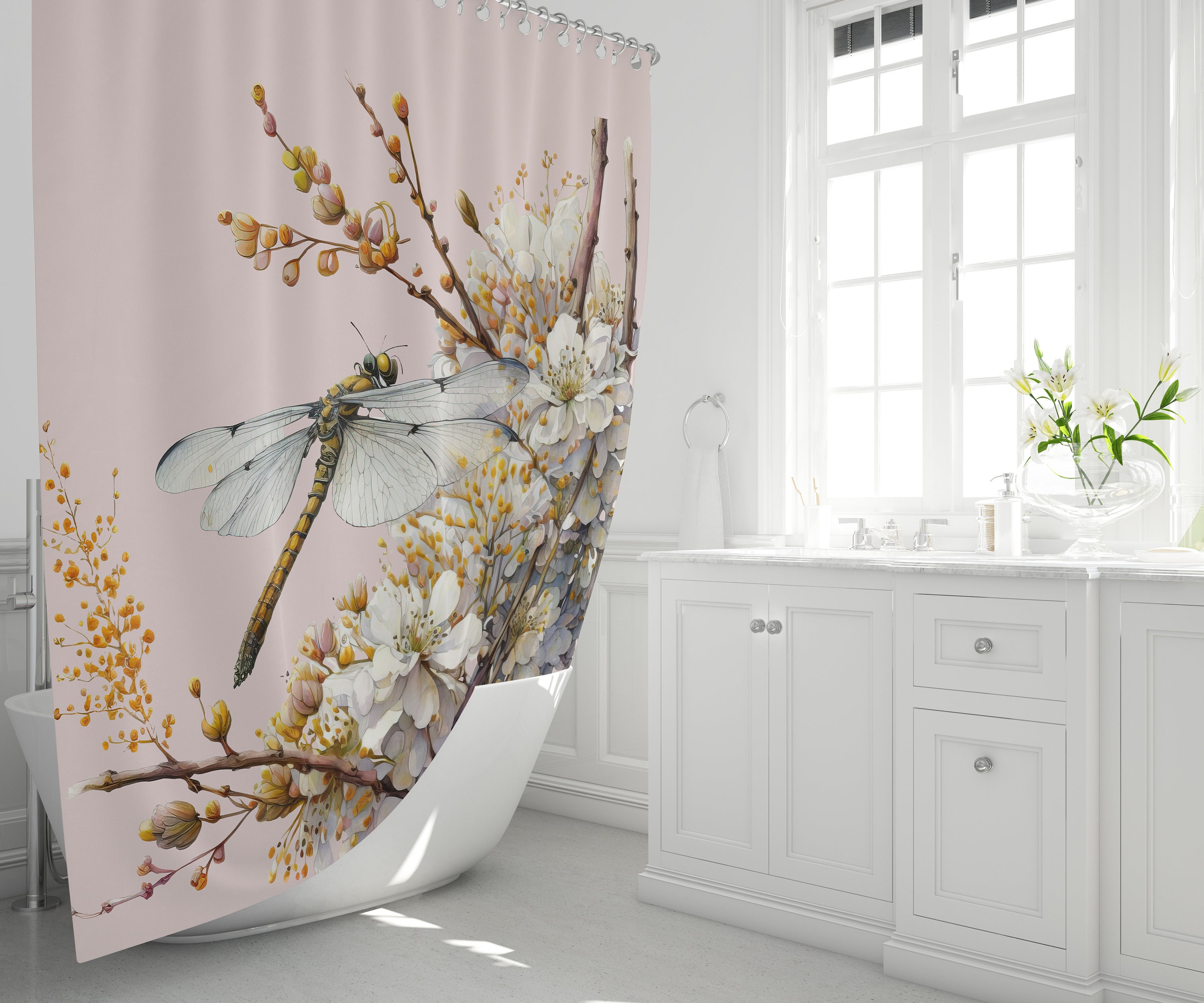 Beautiful Dragonfly and Wild Flowers Watercolor Shower Curtain, Custom Bathrooms, Floral Shower