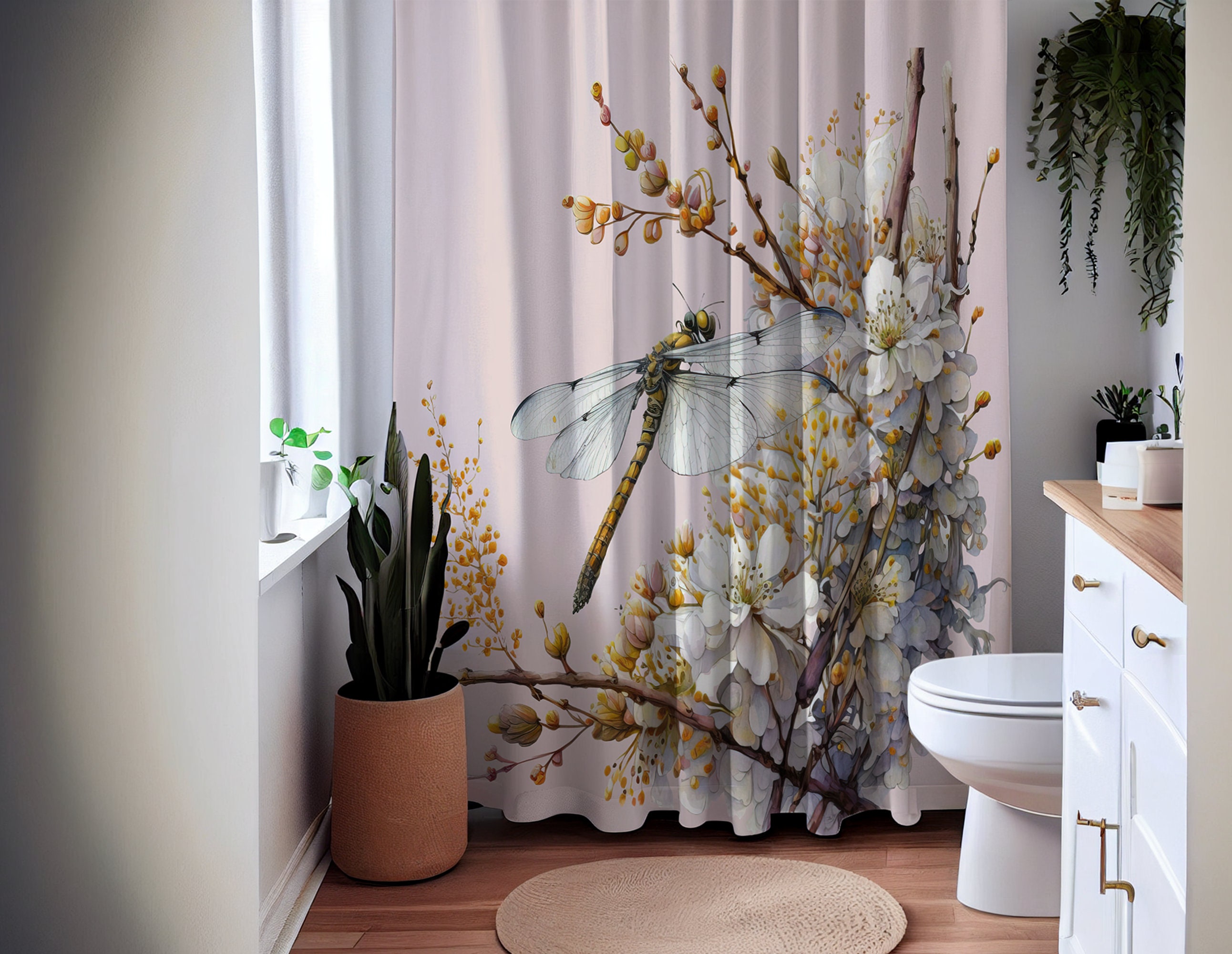 Beautiful Dragonfly and Wild Flowers Watercolor Shower Curtain, Custom