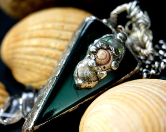 Moldavit Abalone Collier*Rohstein Unikat Halskette*besonderes spirituelles Geschenk*Edelstein Anhänger