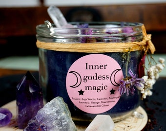 Ritual Kerze "Inner godess Magic" mit Kristallen*Magische Kerze Rosenquarz Amethyst*besonderes spirituelles Geschenk