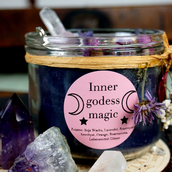 Ritual Kerze "Inner godess Magic" mit Kristallen*Magische Kerze Rosenquarz Amethyst*besonderes spirituelles Geschenk
