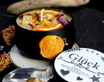 Ritual Kerze "Glück" mit Kristallen*Magische Kerze Bergkristall Citrin*besonderes spirituelles Geschenk