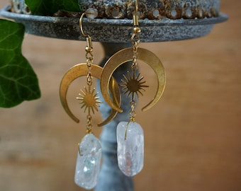 Quarz Bergkristall Ohrringe mit Sonne*Rohsteinschmuck*Kristallschmuck*spirituelles Geschenk*Yoga*witchy