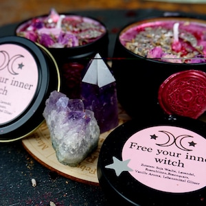 Ritual Kerze Free your inner witch mit Kristallen und link zur MeditationMagische Kerze Amethystbesonderes spirituelles Geschenk Bild 8