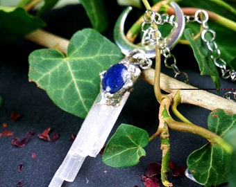 Selenit Lapislazuli Kette*Rohstein Schmuck*Edelstein Anhänger*besonderes spirituelles Geschenk