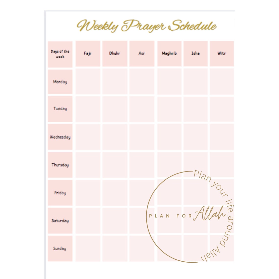 Prayer Checklist, Weekly Prayer Schedule, Islamic Prayer Schedule