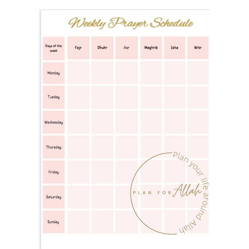 Prayer Checklist, Weekly Prayer Schedule, Islamic Prayer Schedule
