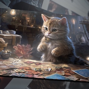 May include: A brown tabby kitten with green eyes wearing a gold collar sits on a wooden table with a spread of cards. The kitten is looking at the cards with a curious expression. There are other objects on the table, including a small bowl, a potted plant, and a box.