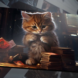 May include: A brown and white tabby kitten with big, blue eyes sits on a table with stacks of playing cards and a small, gold-colored object. The kitten is looking at the camera with a curious expression.