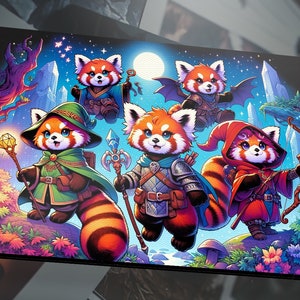 May include: A colourful illustration featuring five red pandas dressed in fantasy outfits. One panda wears a wizard's hat and cape, another has bat wings, and a third holds a bow and arrow. The background shows a moon, stars, and colourful forest elements.