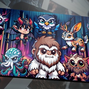 May include: A colorful illustration featuring a variety of cute cartoon creatures, including a yeti, a werewolf, a rabbit, a demon, a bird, a sea monster, and a snake. The creatures are set against a dark forest background.