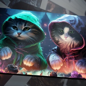 Travis's Cats Doing Magic - Custom Cat Desk Mat/Gaming Playmat For An Amazing Personalized Gift/MTG Cat Gamer Playmat/TCG Playmat