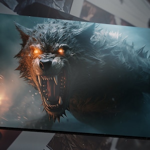 May include: A close-up of a snarling wolf with glowing orange eyes. The wolf is dark gray and has sharp teeth and claws. The background is a blurry dark blue with white specks.