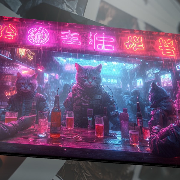 Futuristic Gaming Desk Mat Anamorphic Cat Playmat RPG PC Gamer Neon Bar Scene Rogue Cat Soldiers Cool Gaming Deskmat DND Cat Mtg Cat Playmat