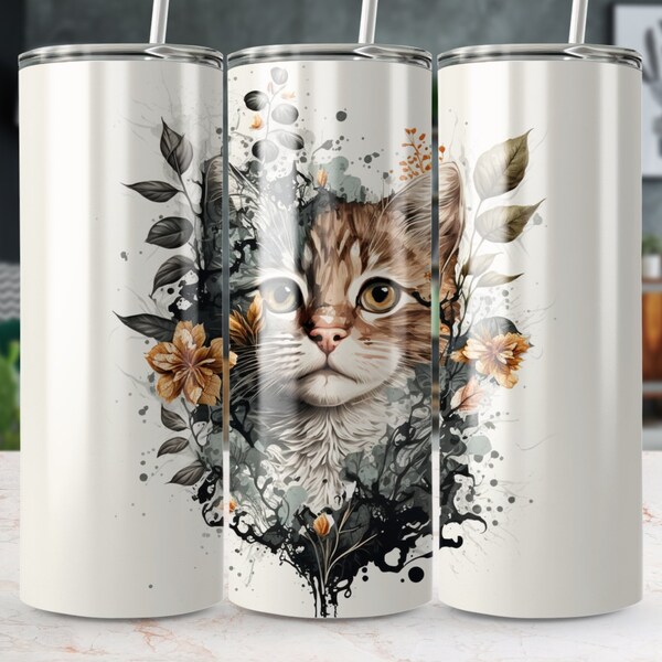 Flower Cat 20 oz Tumbler Wrap PNG/Skinny Tumbler Wrap/Sublimination Tumbler Wrap/Tumbler Digital File Design/Conception droite et conique