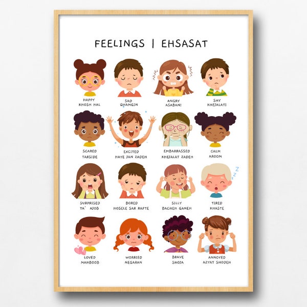 Feelings Poster, Emotions Chart, Classroom Decor, Montessori Homeschool Decor, Finglisi Poster, Feelings Print, Printable, Farsi Kids Poster