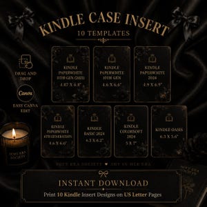Peut inclure: Un ensemble numérique de 10 modèles d'insert pour étui Kindle avec texte doré sur fond floral noir. Inclut des dimensions spécifiques en pouces pour les modèles Kindle Paperwhite, Basic, Colorsoft et Oasis. Éditable via Canva.