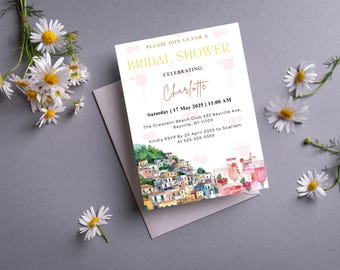 May include: A bridal shower invitation with the text "PLEASE JOIN US FOR A BRIDAL SHOWER CELEBRATING Charlotte". The invitation includes the date, time, and location. The design features watercolor illustrations and is surrounded by daisies.