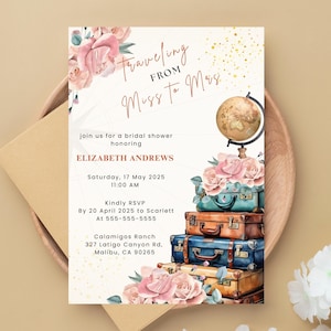 Traveling From Miss to Mrs Bridal Shower Invitations Travel Theme Bridal Shower Invites Traveling From Miss to Mrs Editable Templates