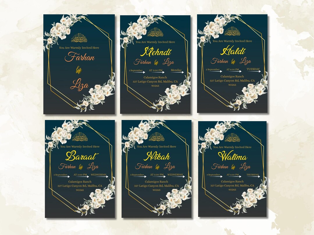 Islamic Wedding Invites 6 Editable Canva Templates Mehndi, Haldi ...