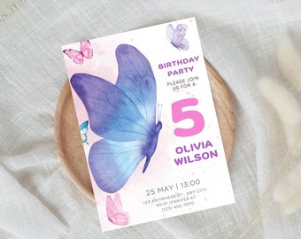 Plantilla de invitación de cumpleaños de mariposa: invitaciones digitales para fiesta de niña